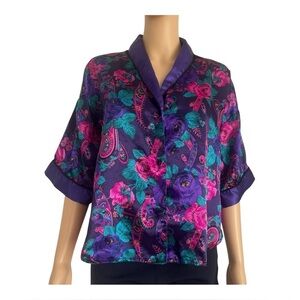Jo Intimates purple floral polyester pajama top Medium short sleeve button up